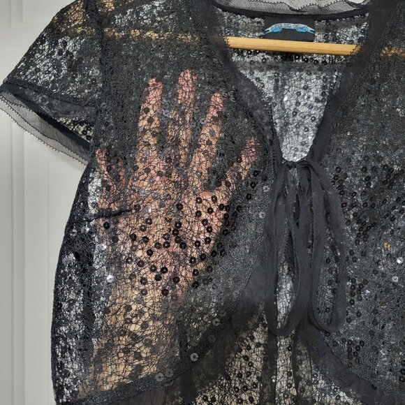 Till The End Black Sheer Sequin Embellished Short Sleeve Tie Front Bolero Shrug - Picture 10 of 12